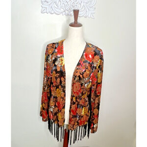 SANS SOUCI Women's MEDIUM Fringed Kimono Boho JACKET Burnout Velveteen BLACK Tan